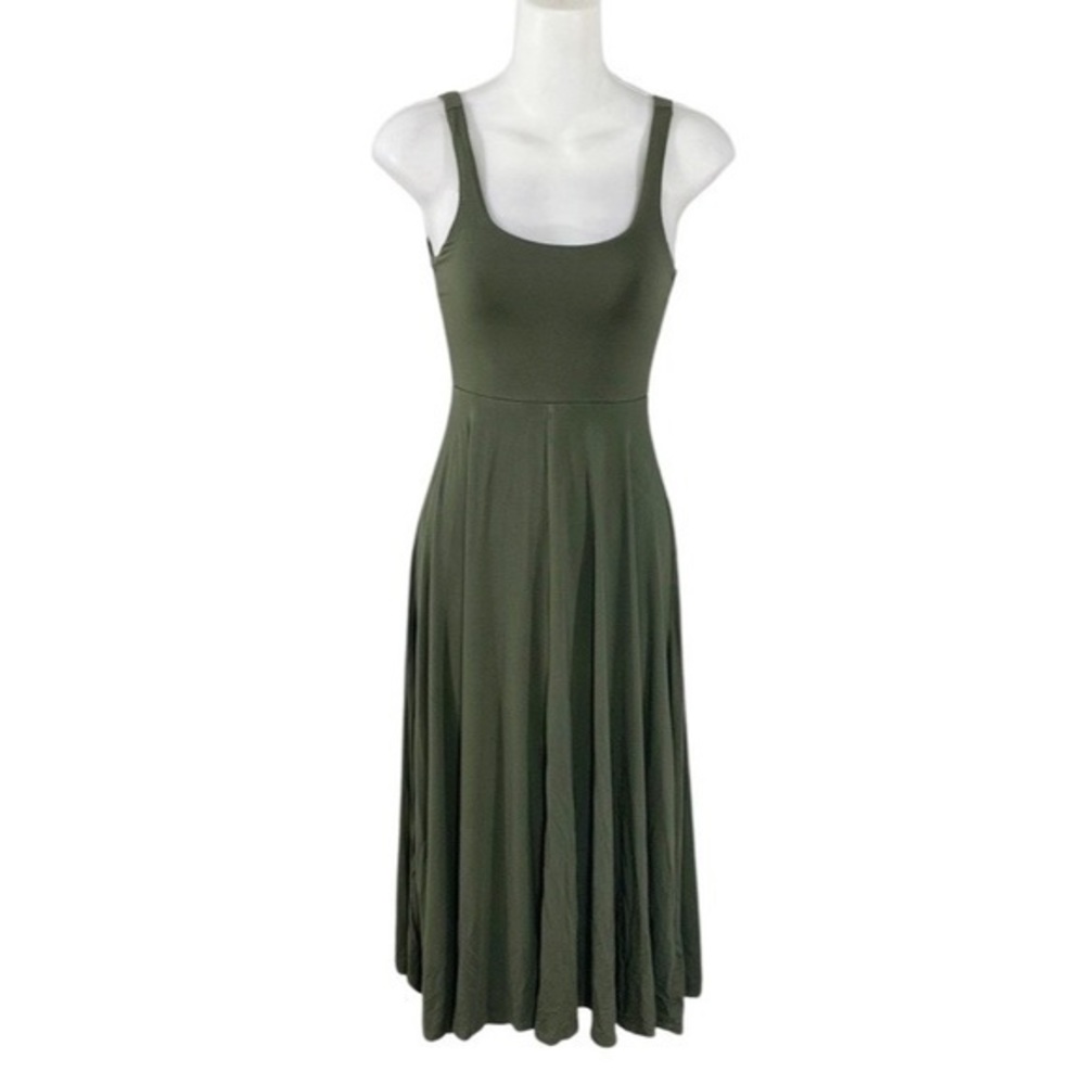 Good American army green front slit scoop neck midi dress FF11
